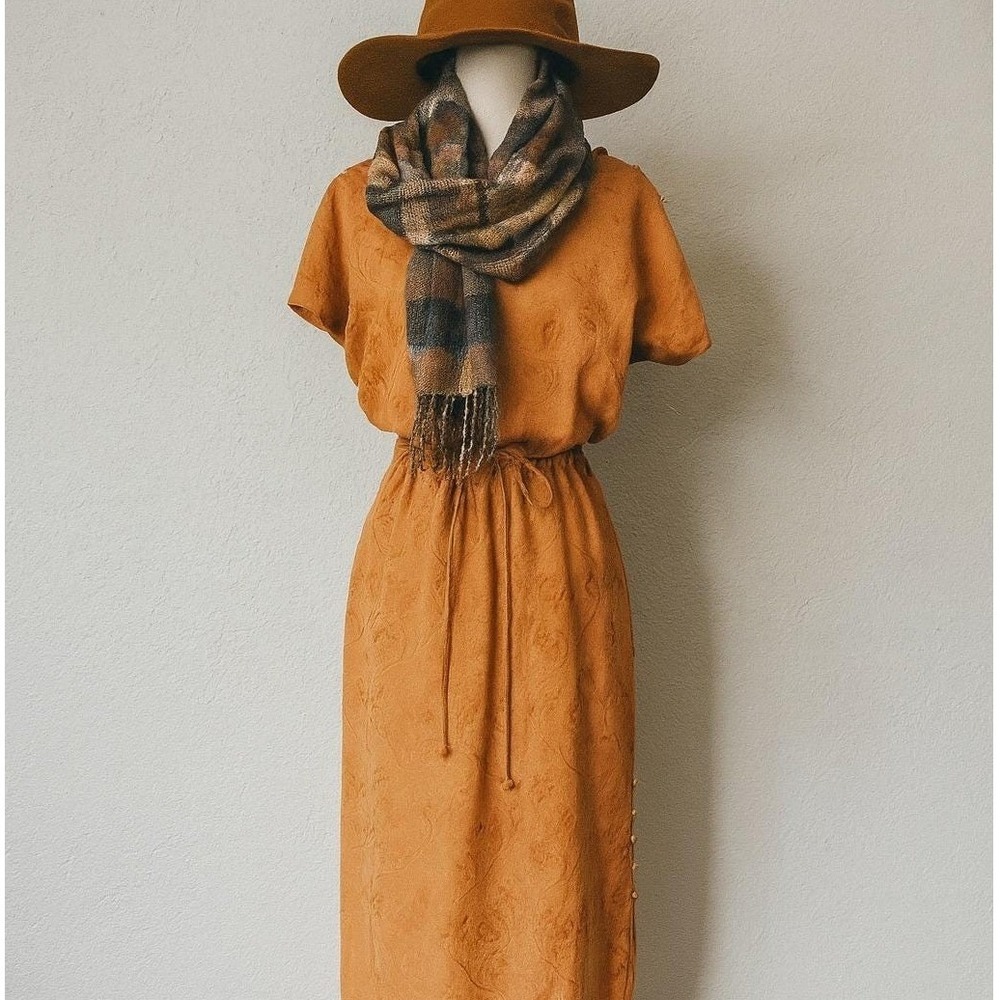 Vintage 70s Jacquard Midi Boho Terracotta Floral Dolman Sleeve Button Shoulder M